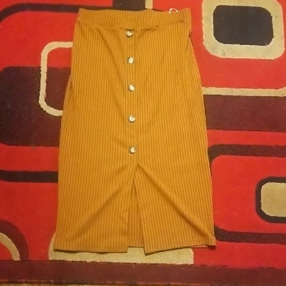SHEIN Mustard Striped Button-Down Midi Skirt